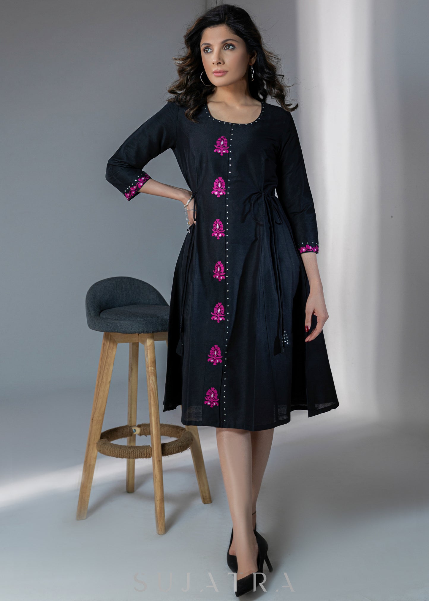 Beautiful black cotton silk A-line dress with magenta embroidery