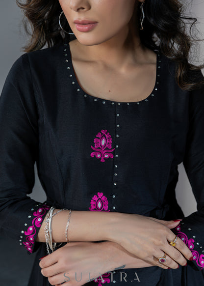 Beautiful black cotton silk A-line dress with magenta embroidery