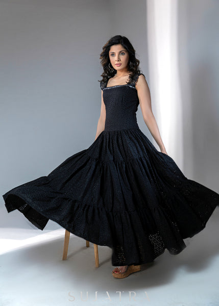 Elegant Black hakoba tiered dress with silver mirror lace
