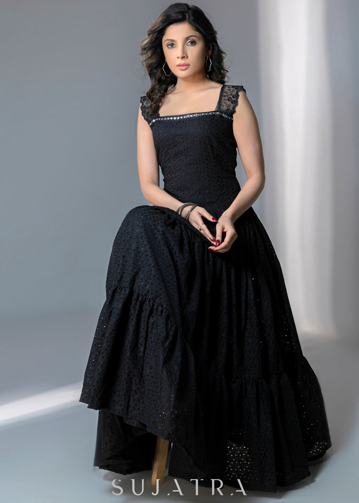 Elegant Black hakoba tiered dress with silver mirror lace