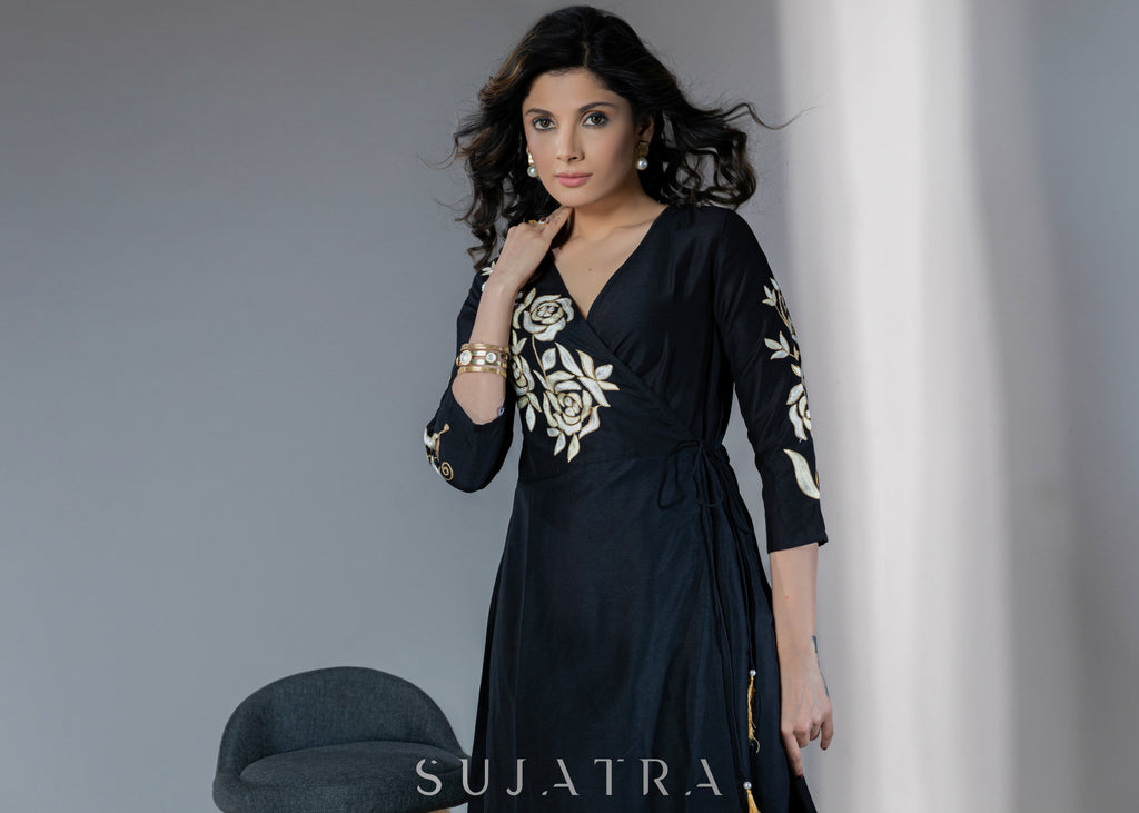 Beautiful cotton silk dress with golden floral embroidery