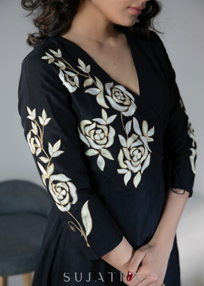 Beautiful cotton silk dress with golden floral embroidery