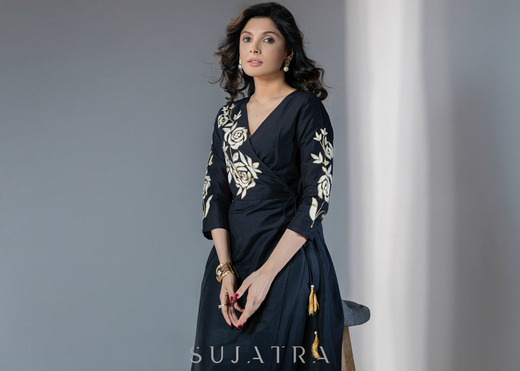 Beautiful cotton silk dress with golden floral embroidery