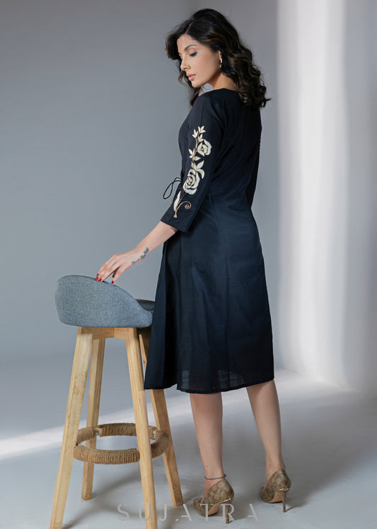 Beautiful cotton silk dress with golden floral embroidery