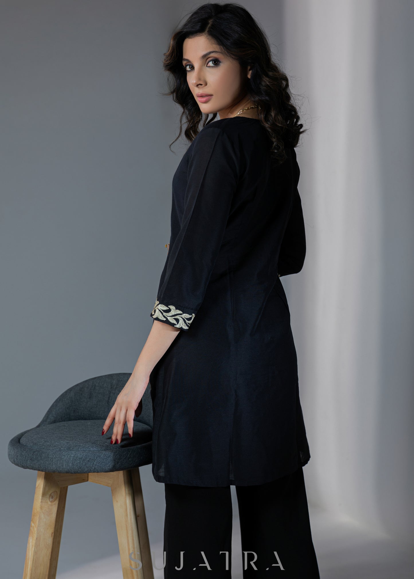 Exclusive black cotton silk dress with golden floral patchwork - Pant optional