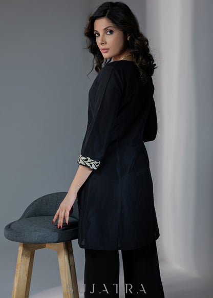 Exclusive black cotton silk dress with golden floral patchwork - Pant optional