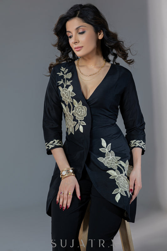Exclusive black cotton silk dress with golden floral patchwork - Pant optional