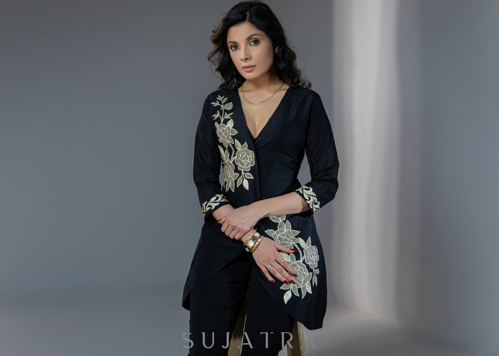 Exclusive black cotton silk dress with golden floral patchwork