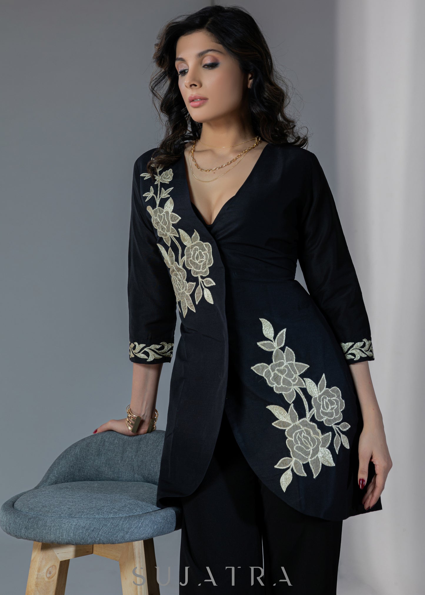 Exclusive black cotton silk dress with golden floral patchwork - Pant optional