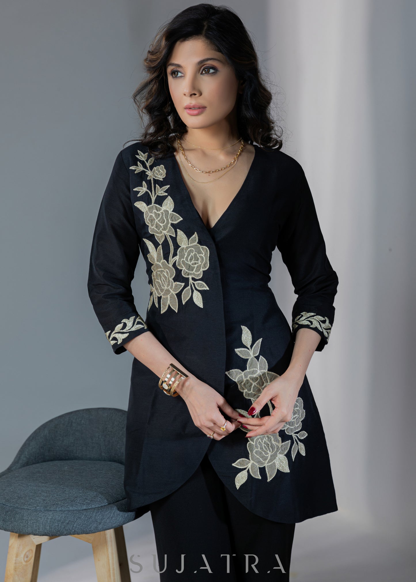 Exclusive black cotton silk dress with golden floral patchwork - Pant optional