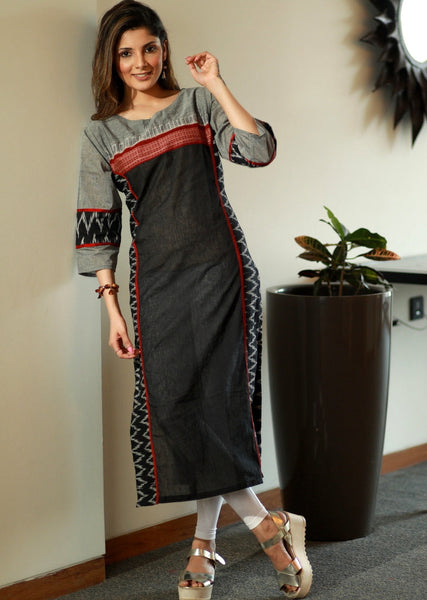 Black Straight cut Handloom cotton kurta with Ikkat and contasting Border