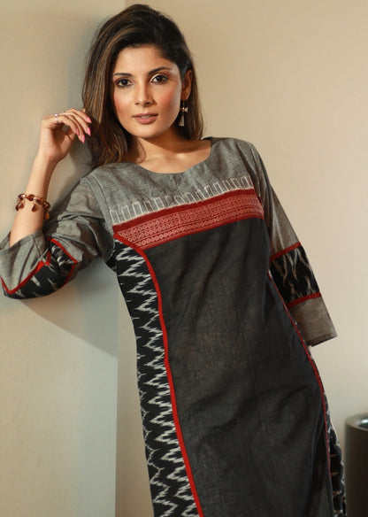 Black Straight cut Handloom cotton kurta with Ikkat and contrasting Border