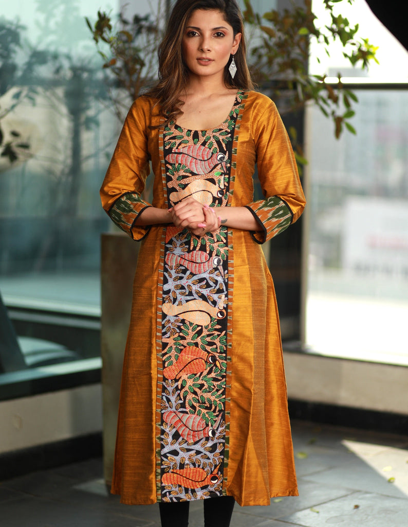 Mustard A-line Cotton Silk Kurta with Exclusive Gond Tribal  Hand painting and Ikat sleeves