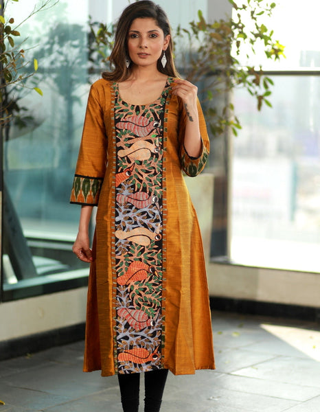 Mustard A-line Cotton Silk Kurta with Exclusive Gond Tribal  Hand painting and Ikat sleeves