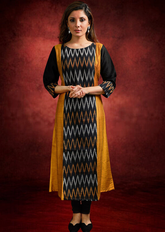 Mustard cotton silk & Ikat Combination Kurti