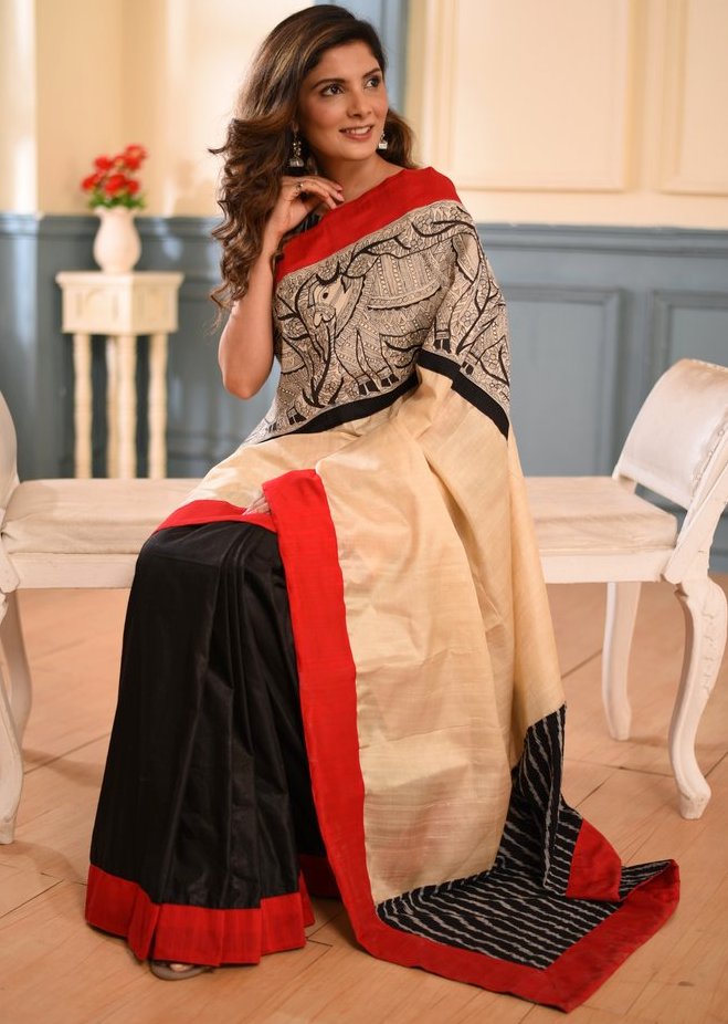 Exclusive hand painted madhubani work saree with tussar silk and chanderi pleats - Sujatra