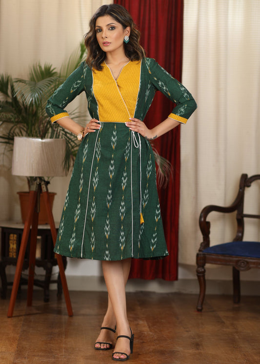 Bottle green ikat with mustard pintux yoke combination dress