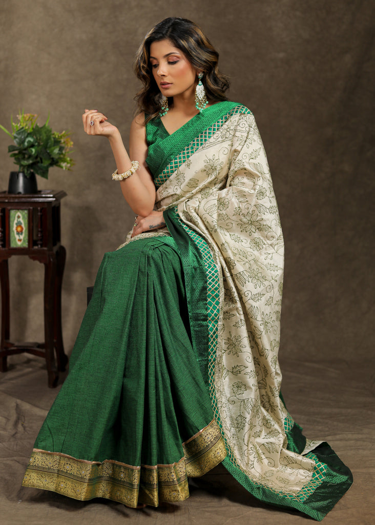 Green Cotton saree with beautiful Kantha work pallu