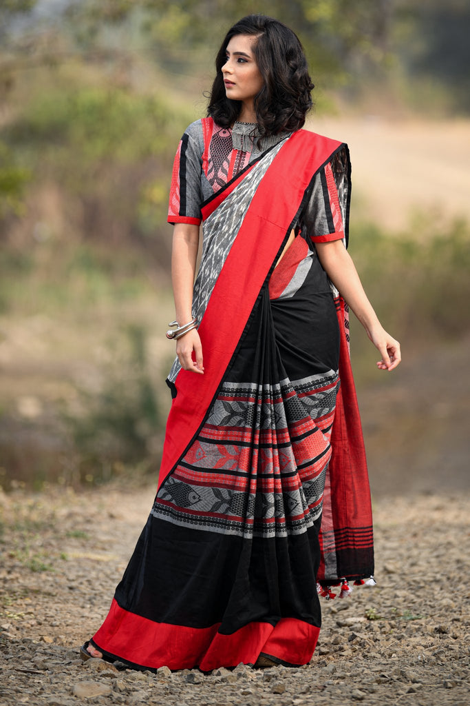 Exclusive Bengal handloom cotton saree with fish motifs and ikat combination