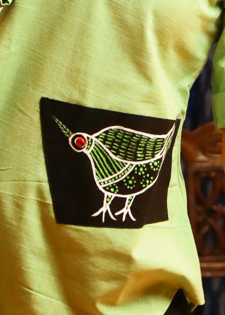 Artisanal Gond Tribal hand-painted pista green top