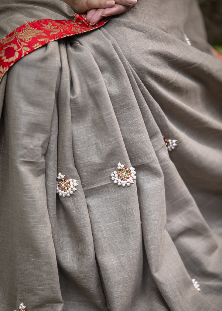 Exclusive hand embroidered cotton saree with benarasi border