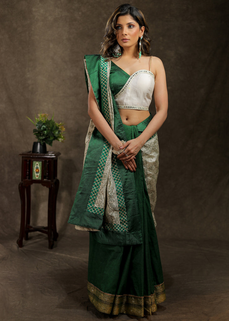 Green Cotton saree with beautiful Kantha work pallu