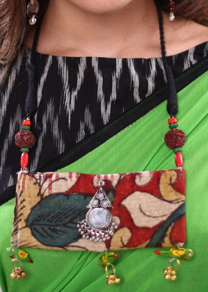 Traditional hand painted kalamkari fabric pendant with rudraksh & wooden beads - Sujatra