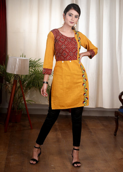 Thread embroidered mustard cotton Ajrakh tunic