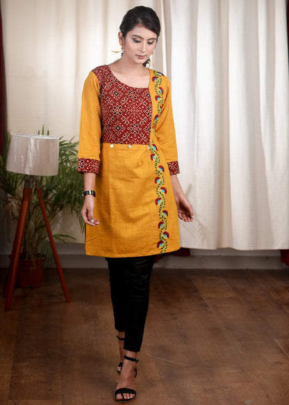 Thread embroidered mustard cotton Ajrakh tunic