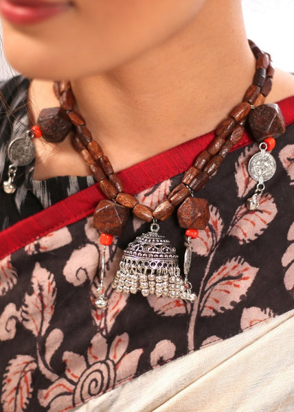 Wooden beads hand made neckpiece with jhumka pendant - Sujatra