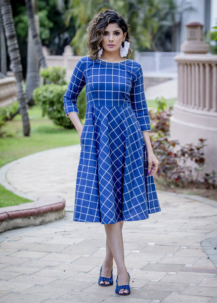 Navy blue handloom cotton checkered formal dress with front pocket