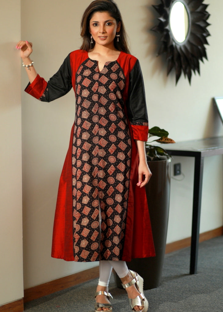 Maroon A-line Cotton silk kurta with Ajrakh combination panel