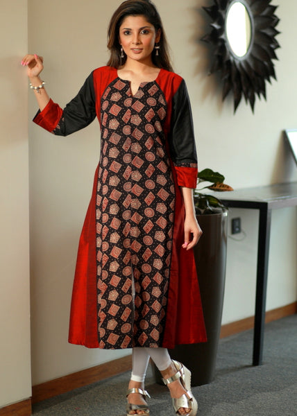 Maroon A-line Cotton silk kurta with Ajrakh combination panel