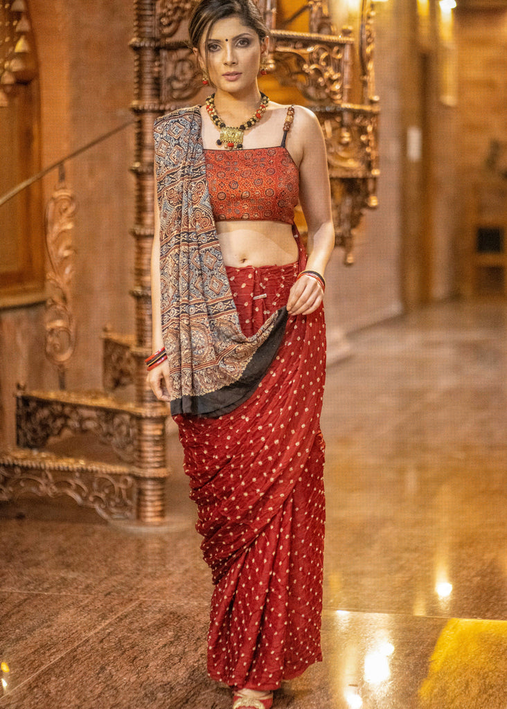Rust modal silk Bandhej & Ajrakh combination saree