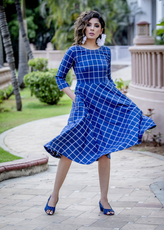 Navy blue handloom cotton checkered formal dress with front pocket