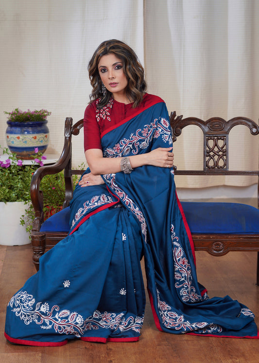 Teal exclusive machine embroidery Rayon saree with maroon border