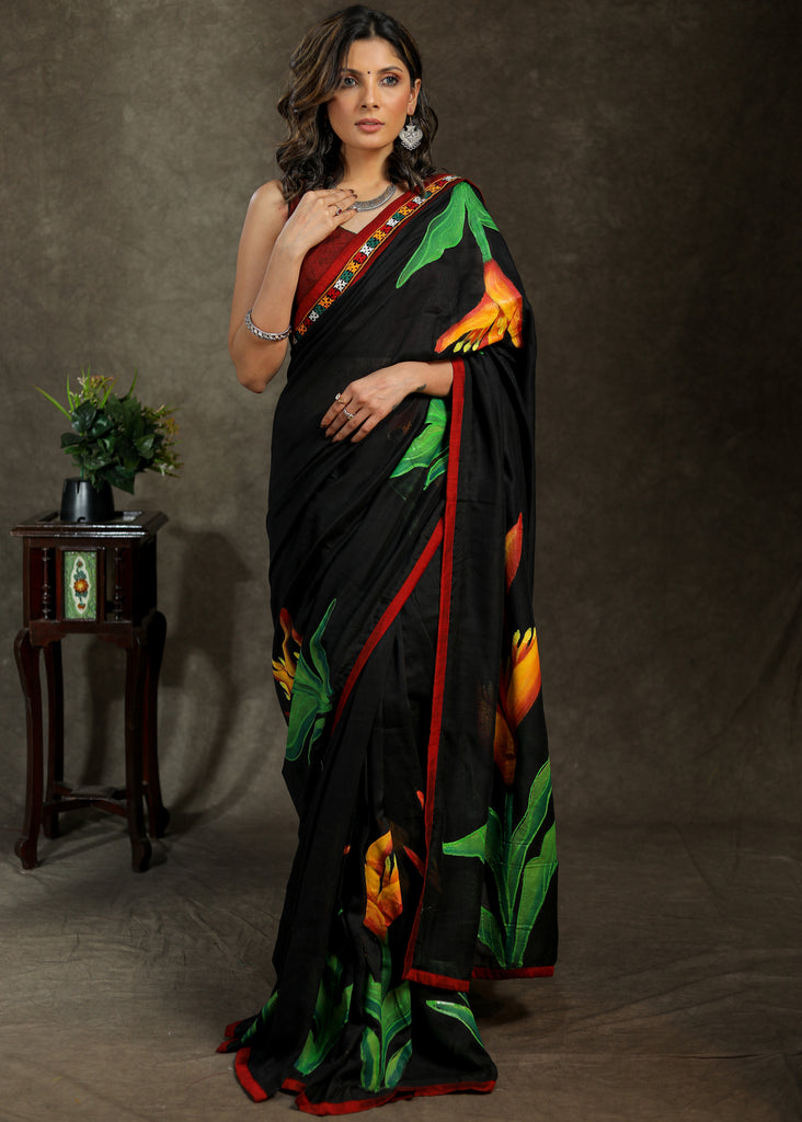 Stylish Cotton black hand painted saree with mirror work border