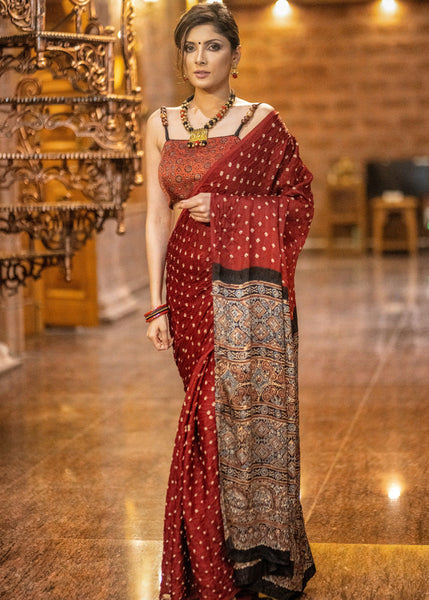 Rust modal silk Bandhej & Ajrakh combination saree