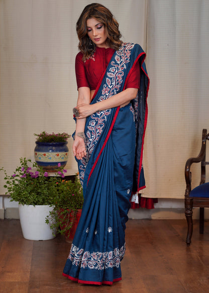 Teal exclusive machine embroidery Rayon saree with maroon border