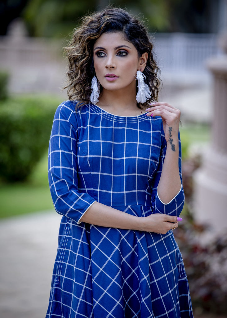 Navy blue handloom cotton checkered formal dress with front pocket