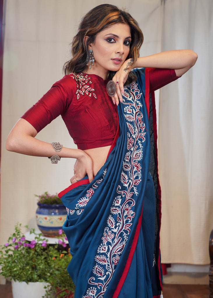 Teal exclusive machine embroidery Rayon saree with maroon border