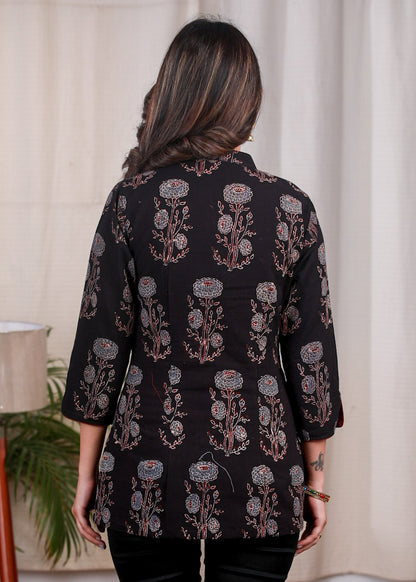Floral Ajrak Kutch Mirror Work Placket Top