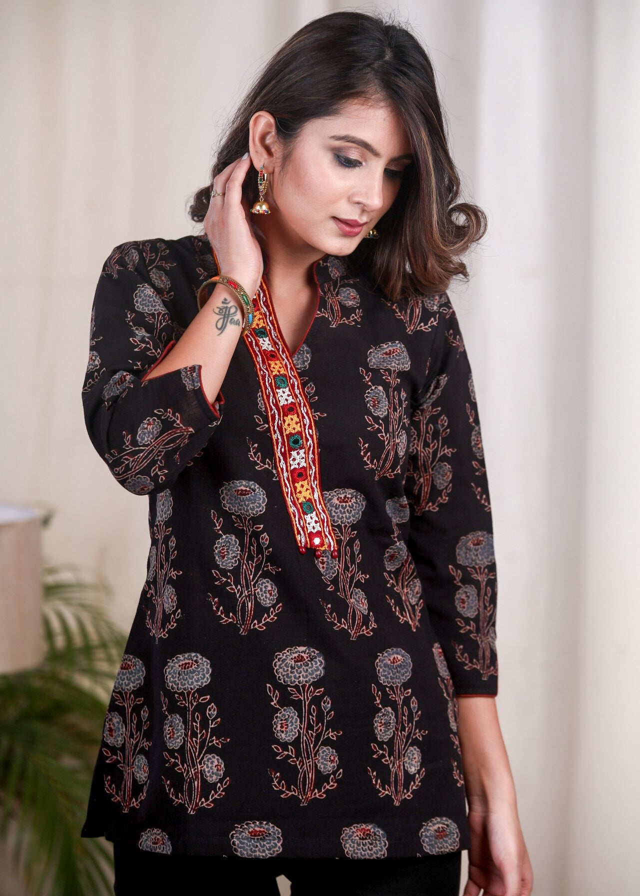 Floral Ajrak Kutch Mirror Work Placket Top