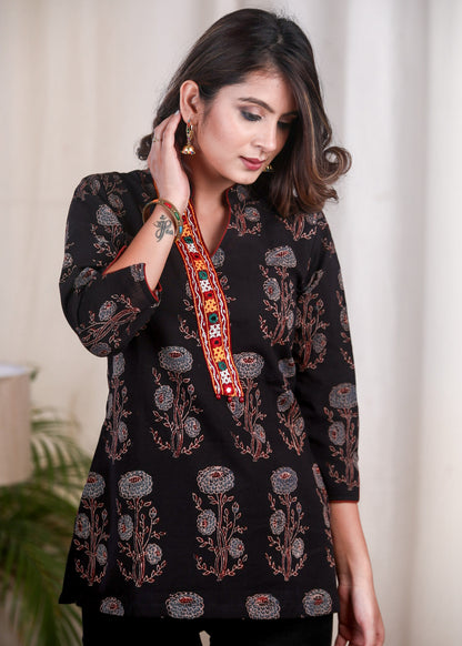 Floral Ajrak Kutch Mirror Work Placket Top