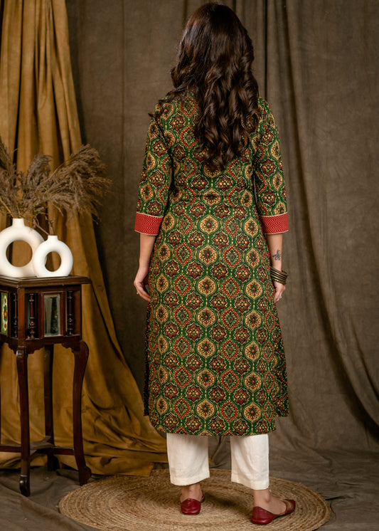 Elegant Straight Cut Cotton Ajrakh Printed Kurta with Maroon Zigzag Pockets - Pant Optional