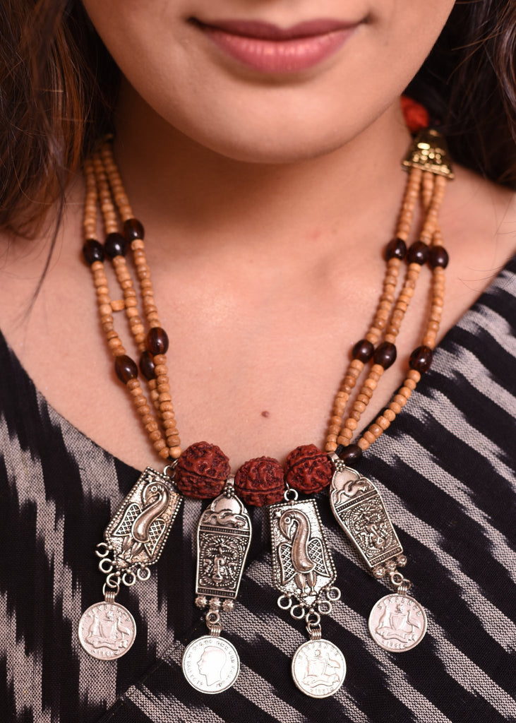Exclusive multi layered necklace with wooden beads & unique pendants - Sujatra