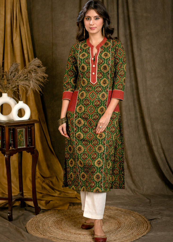 Elegant Straight Cut Cotton Ajrakh Printed Kurta with Maroon Zigzag Pockets - Pant Optional