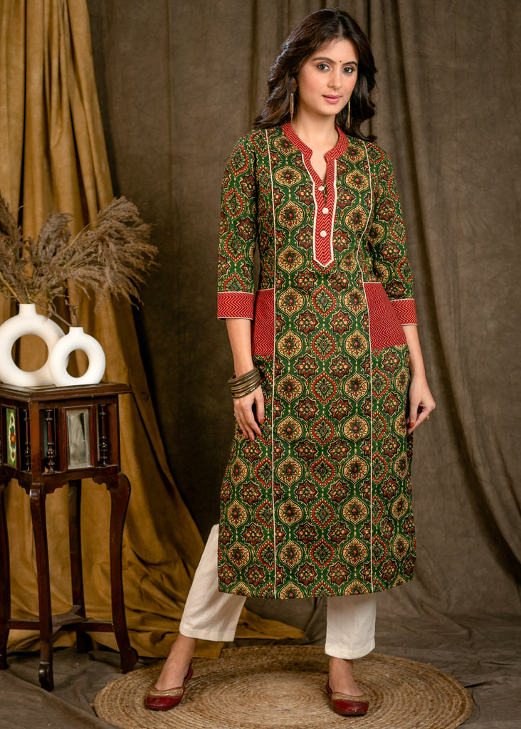 Elegant Straight Cut Cotton Ajrakh Printed Kurta with Maroon Zigzag Pockets - Pant Optional