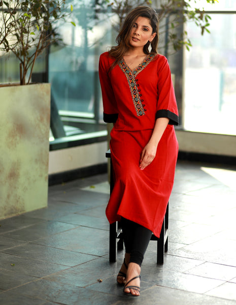 Red straight cut Handloom Kurta with Hand made Kutch mirror work Neckline
