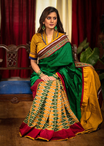 Exclusive ikat & green khun combination saree with kutch mirror work